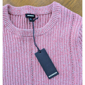 MONROW Ribbed Cotton Sweater – Women’s Medium – Cropped Pink – Fitted Y2K Style
